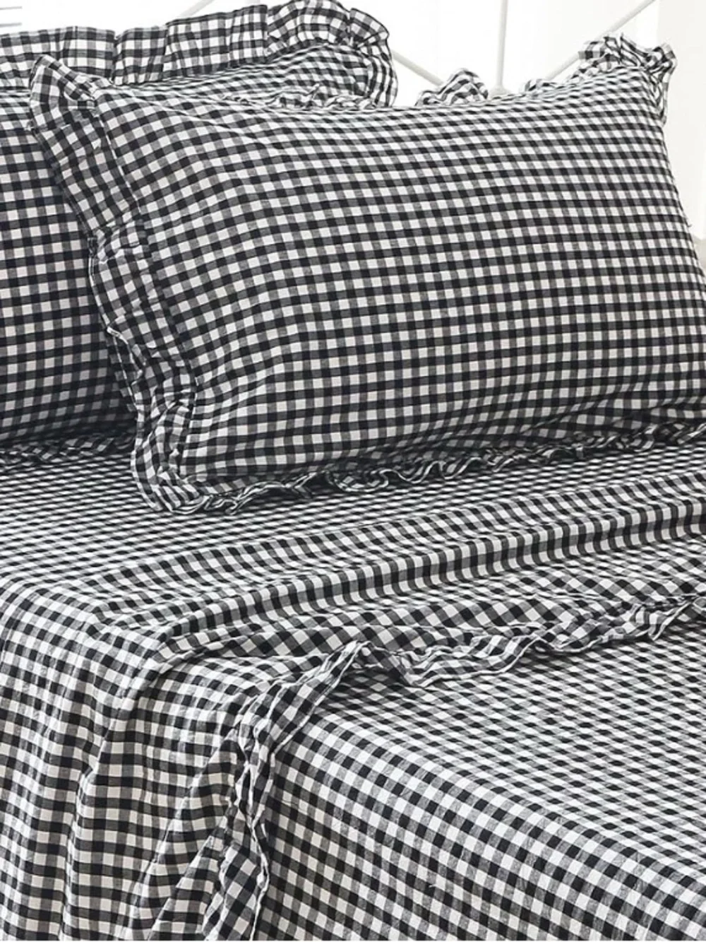 TOP SHEET ONLY Black & White Gingham Ruffled Country Style Flat Sheet 81x96”